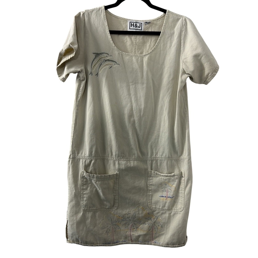 H&J Tropical Dolphin Embroidered Dress S Beige Cotton Drop Waist Coastal Retro